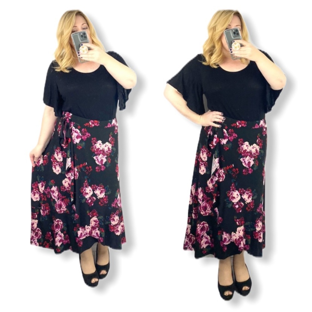 Lane Bryant floral print faux wrap skirt hi low Sz 14/16 1x Midi black